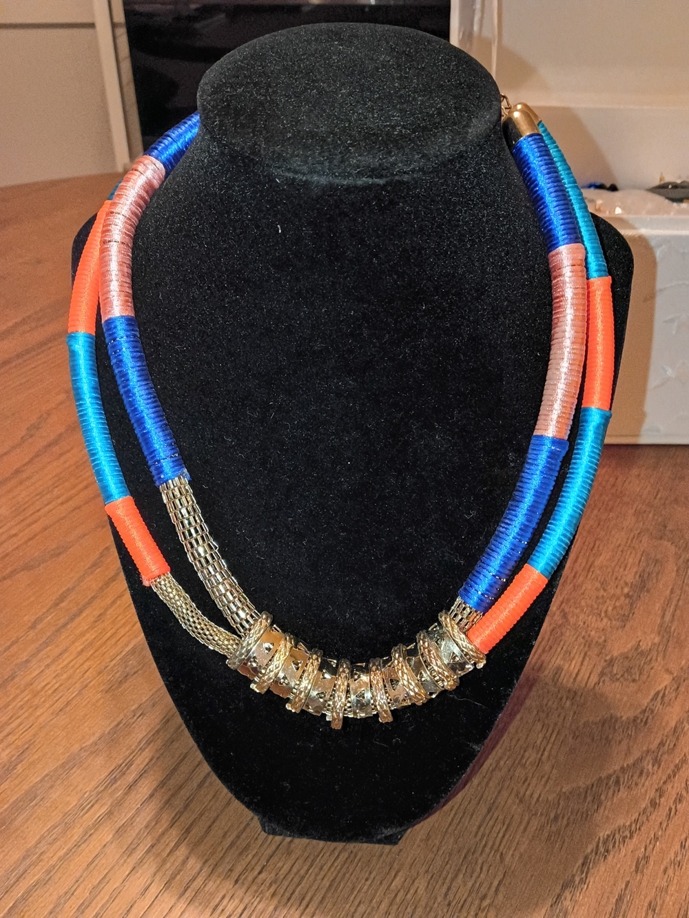 Colorblock Blue & Orange Statement Necklace with Gold Accents